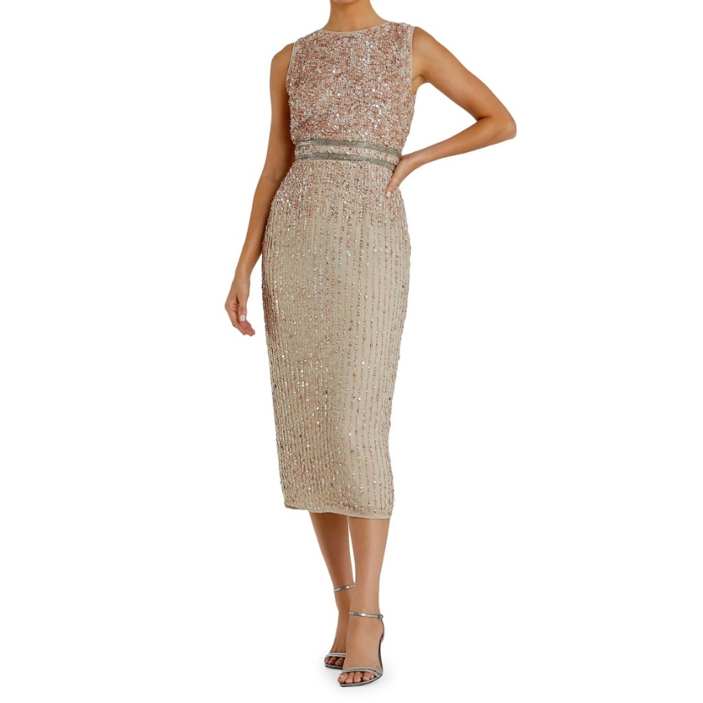 NWT | Mac Duggal 10509 Sleeveless Beaded Midi Sheath Dress Nude | Sz 10